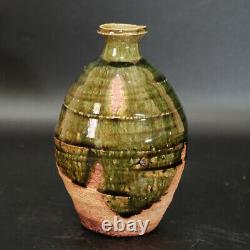 0701A Ken Matsuzaki Japanese Oribe ware pottery Sake Bottle Base With Box