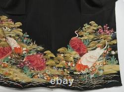 1018i09z1240 Antique Japanese Kimono Silk FURISODE Black Crane