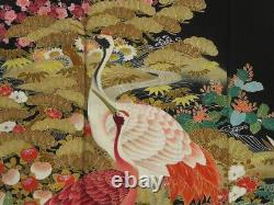 1018i09z1240 Antique Japanese Kimono Silk FURISODE Black Crane