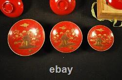 11 Antique Japanese Wooden Red Lacquer Sake Cups / Family Crest & Ww2 / Lot