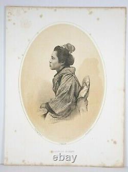1856 Antique Japanese Woman Simoda Tinted Lithograph Perry Expedition to Japan