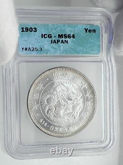 1903 JAPAN Empe MEIJI Large Antique Silver 1 Yen Japanese Coin DRAGON ICG i80901