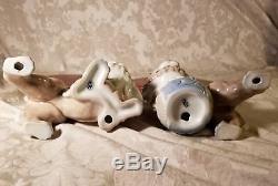 1950s Hand Painted Porcelain Guardian Temple Foo Fu Lion Dogs Wood Base Japan