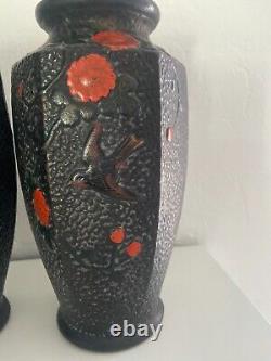 2 Antique Japanese Tokanabe Ware Vase Textured Hand Painted Birds & Flowers