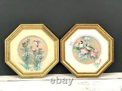 2 Vintage J. Cheng Japanese Painting Birds Floral Paint on Silk Octagon Framed