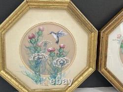 2 Vintage J. Cheng Japanese Painting Birds Floral Paint on Silk Octagon Framed