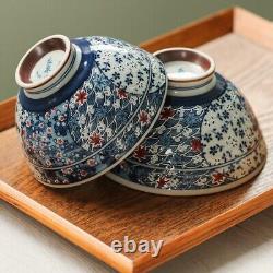 4 pcs Japanese Mino-Yaki Glaze Rice Bowl Blue and White Ceramic Soup Tableware