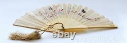 ANTIQUE Chinese/Japanese EMBROIDERY bird-butterfly carved SILK FAN & LACQUER Box