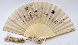 ANTIQUE Chinese/Japanese EMBROIDERY bird-butterfly carved SILK FAN & LACQUER Box