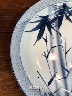 ANTIQUE JAPANESE BOWL 12 Porcelain Serving Dish Bamboo Blue White SIGNED