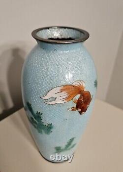 ANTIQUE JAPAN ANDO Cloisonne Vase Yusen Shippo Silver Koi Gold Fish Blue Ginbari