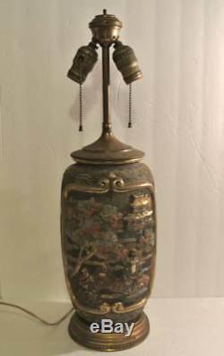 ANTIQUE Japanese MORIAGE SATSUMA Vase Table LAMP Gold Gilt Raised HIGH RELIEF