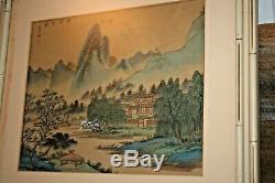 ANTIQUE Signed Japanese Painting on Silk Landscape Village Chinese Asian Art VTG
