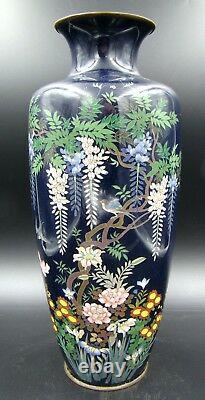 Amazing Meiji Period Japanese Large Cloisonne Vase Blue Enamel Wisteria Design