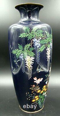 Amazing Meiji Period Japanese Large Cloisonne Vase Blue Enamel Wisteria Design