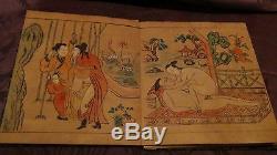 Antique 18c Japanese Original 6 Shunga Watercolor Paintings In Folding Album
