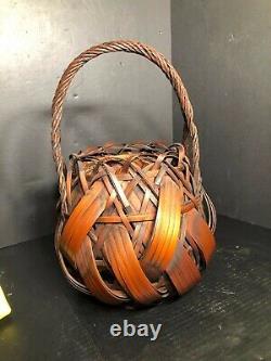Antique 19th c Japanese Woven Bamboo Ikebana Flower Vessel Basket 16 X 12
