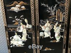 Antique 4 PANEL ASIAN JAPANESE Carrved Mother of Pearl / Vintage MOP Geshia