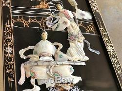 Antique 4 PANEL ASIAN JAPANESE Carrved Mother of Pearl / Vintage MOP Geshia