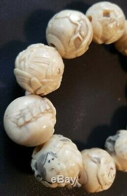 Antique Asian Japan Carved Beaded Bracelet Bone Ivory Color Nicely Detailed Rare