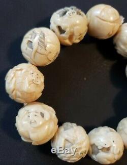 Antique Asian Japan Carved Beaded Bracelet Bone Ivory Color Nicely Detailed Rare