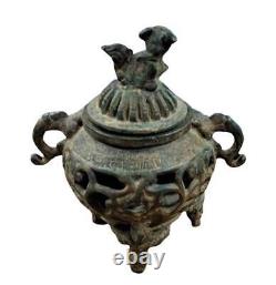 Antique Cast Iron Japanese Incense Burner with Foo Dog Finial