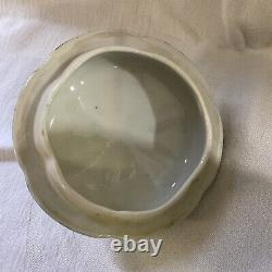 Antique Hand Painted Green Covered Footed Dish withGold Trim