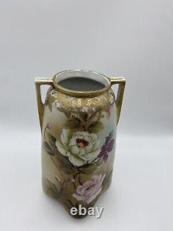 Antique Imperial Nippon Handpainted Floral Vase Porcelain Moriage Double Handles