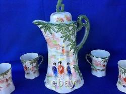 Antique JAPAN Teapot & Cups Bamboo GEISHA in THE GARDEN Green? SET of 5? M17