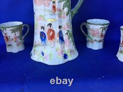 Antique JAPAN Teapot & Cups Bamboo GEISHA in THE GARDEN Green? SET of 5? M17