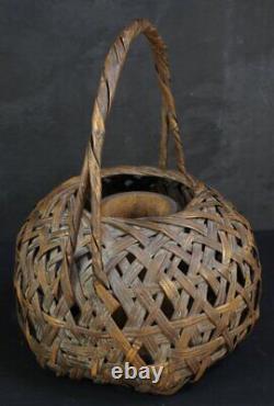 Antique Japan Ikebana woven bamboo wood vase 1900s minimalist Wabisabi