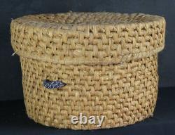 Antique Japan rural straw craft Neko-Bako cat box 1880s