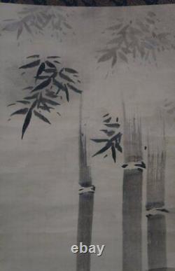 Antique Japan scroll painting bamboo and sparrow 1700 Kakejiku art