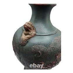 Antique Japanese 19th Century Red Clay Dragonsware Green Vase Foo Dog Handles