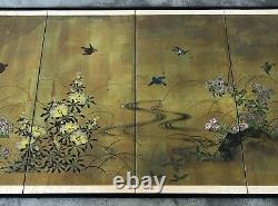 Antique Japanese 4-panel Birds & Floral Screen Painting On Paper