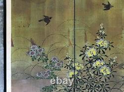 Antique Japanese 4-panel Birds & Floral Screen Painting On Paper