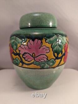 Antique Japanese Awaji Ceramic Lidded Jar Light Green Gourd Vine & Flowers Japan