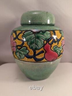 Antique Japanese Awaji Ceramic Lidded Jar Light Green Gourd Vine & Flowers Japan