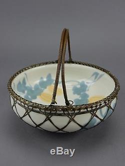 Antique Japanese Awaji Pottery Bowl Basket Woven Silver Bronze Overlay Japan