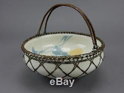 Antique Japanese Awaji Pottery Bowl Basket Woven Silver Bronze Overlay Japan