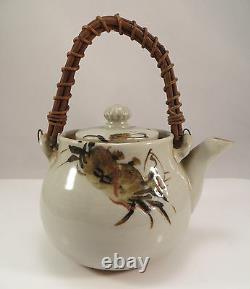 Antique Japanese Banko Porcelain Kyusu Teapot Glazed Crab Design Japan