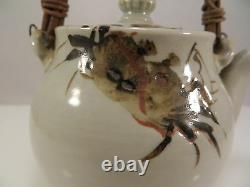 Antique Japanese Banko Porcelain Kyusu Teapot Glazed Crab Design Japan