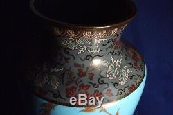 Antique Japanese Cloisonne Huge 15 3/4 High Meiji Crane & Bird Vase Fine Shape