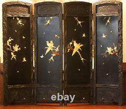 Antique Japanese Folding Screen Four Panels, Handcarved