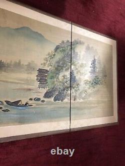 Antique Japanese Four Panel Screen Signed Landscape