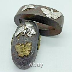 Antique Japanese Fuchi Kashira For Samurai Katana Butterflies Rare Design Edo