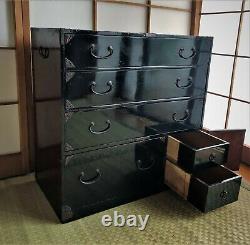 Antique Japanese Furniture Wood Cabinet Isho Tansu withkey Black lacquered #0605