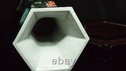 Antique Japanese Hexagonal Famille Noire Porcelain Vase With Wooden Stand