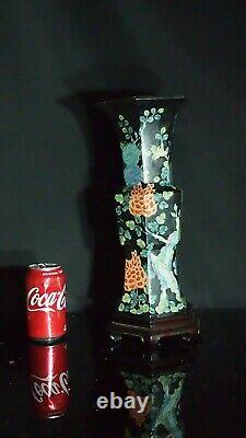 Antique Japanese Hexagonal Famille Noire Porcelain Vase With Wooden Stand