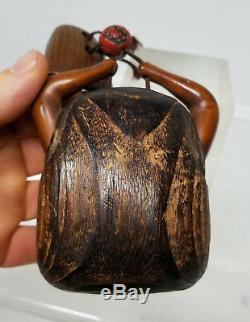Antique Japanese Inro Netsuke Ojime Bead Case Carved Wood Rat Mushroom